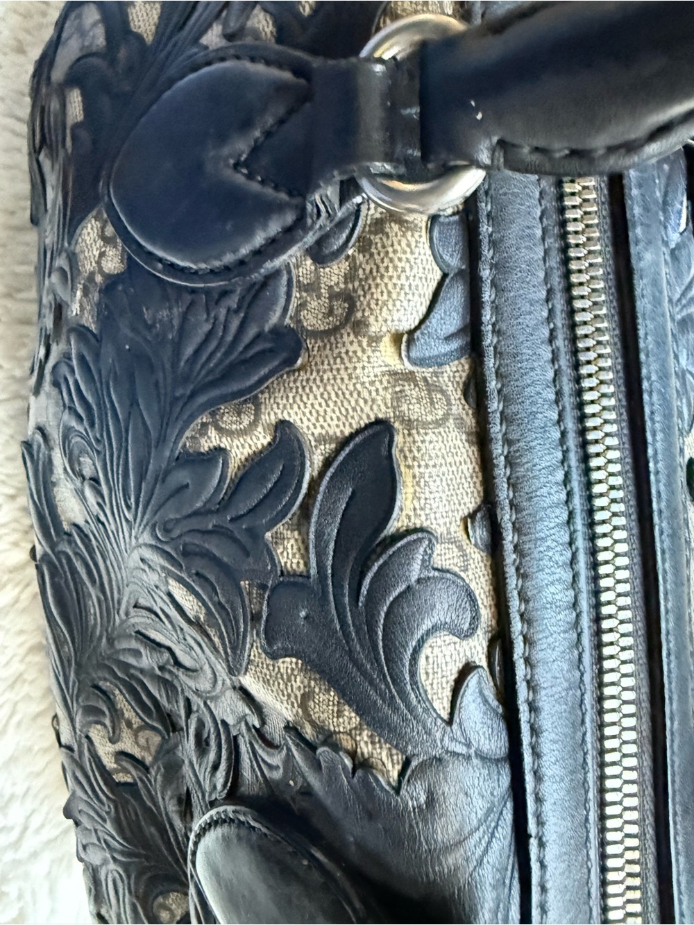 Gucci Preloved Black GG Supreme Arabesque Tooled Floral Leather Accent Satchel - Picture 17 of 17